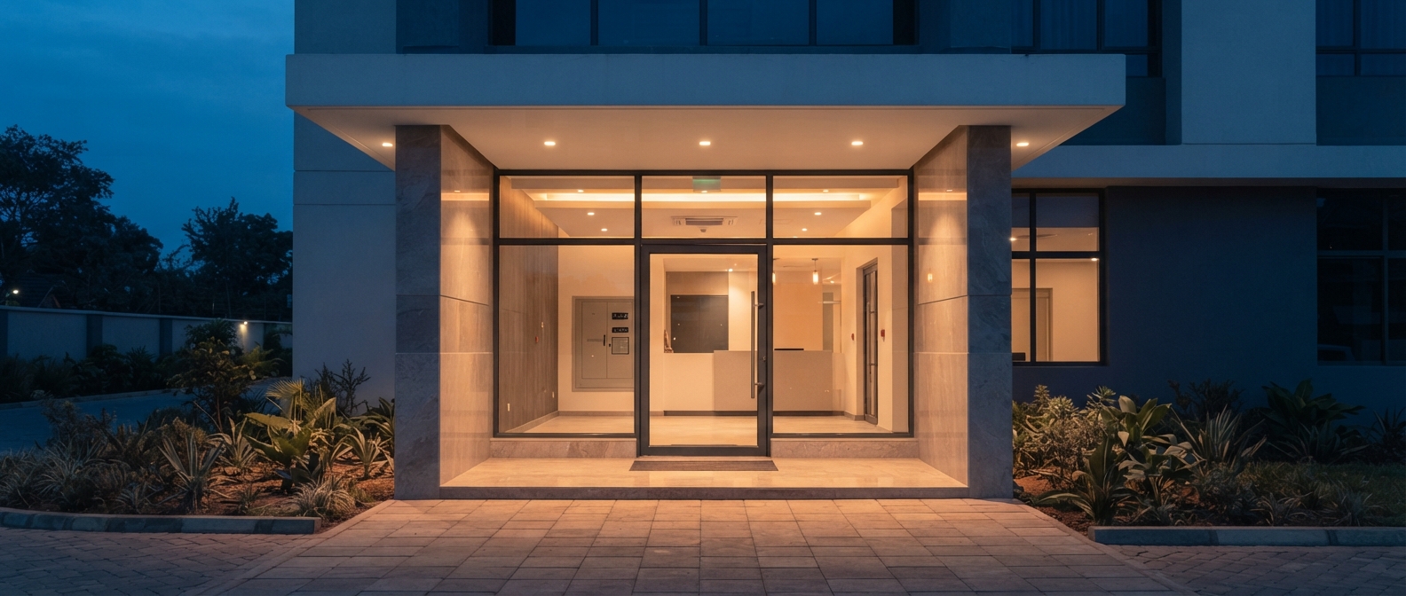 Office building entrance at dusk