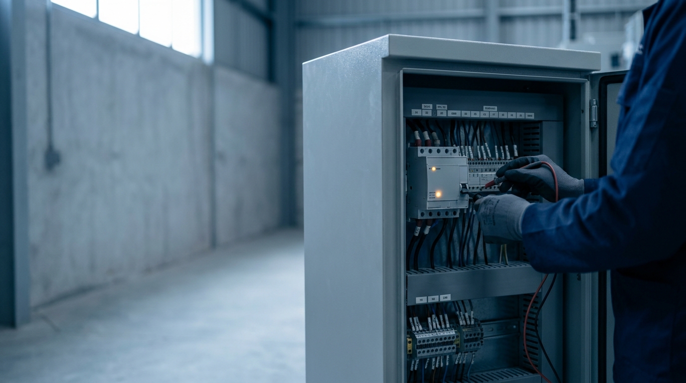 Engineer working on a low-voltage electrical distribution panel