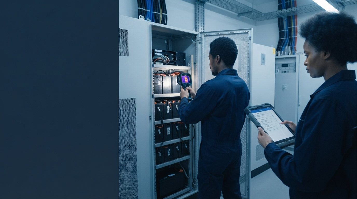 Technicians performing planned UPS maintenance with genuine spares