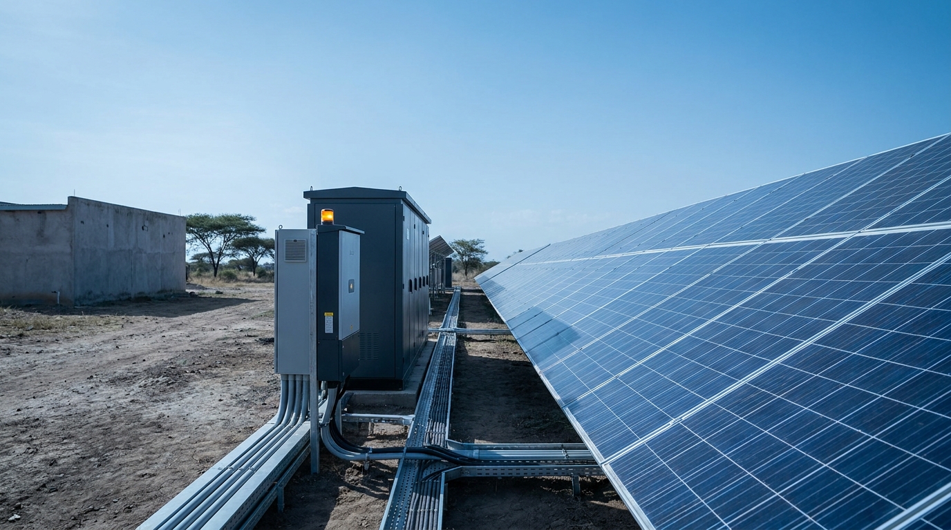 Solar panel array integrated with battery storage and inverter cabinet