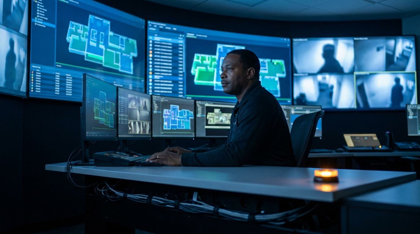 Building-management control room with monitoring displays