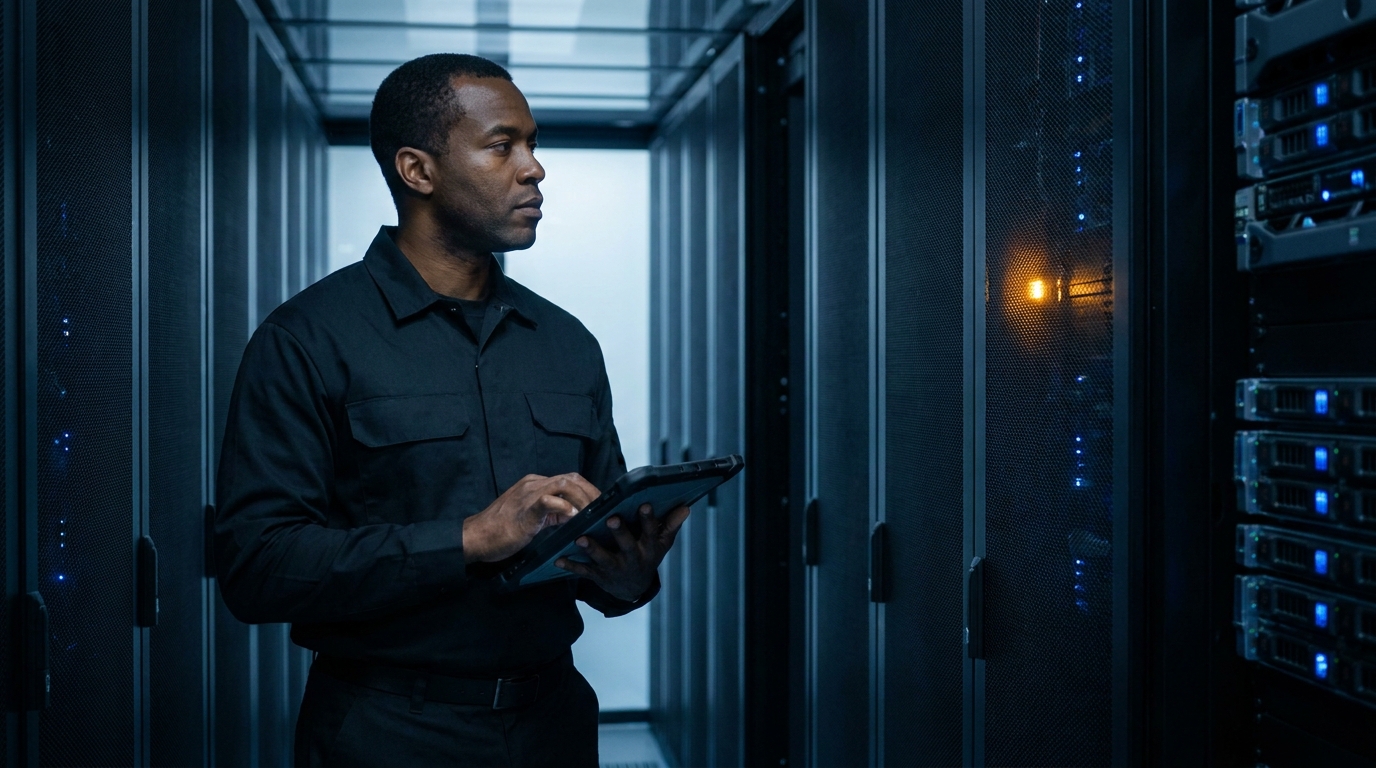 Server room with an amber alarm indicator during an outage