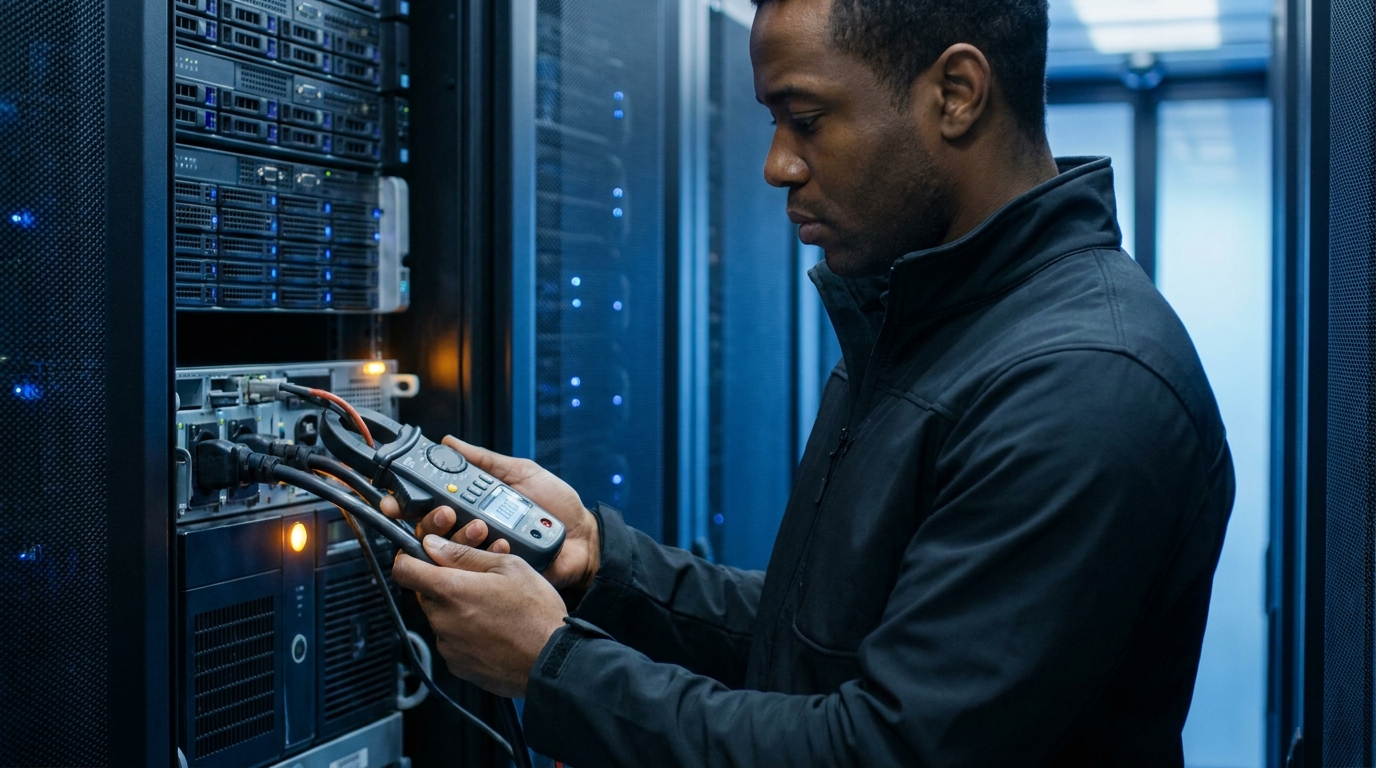Engineer measuring load on a UPS distribution panel