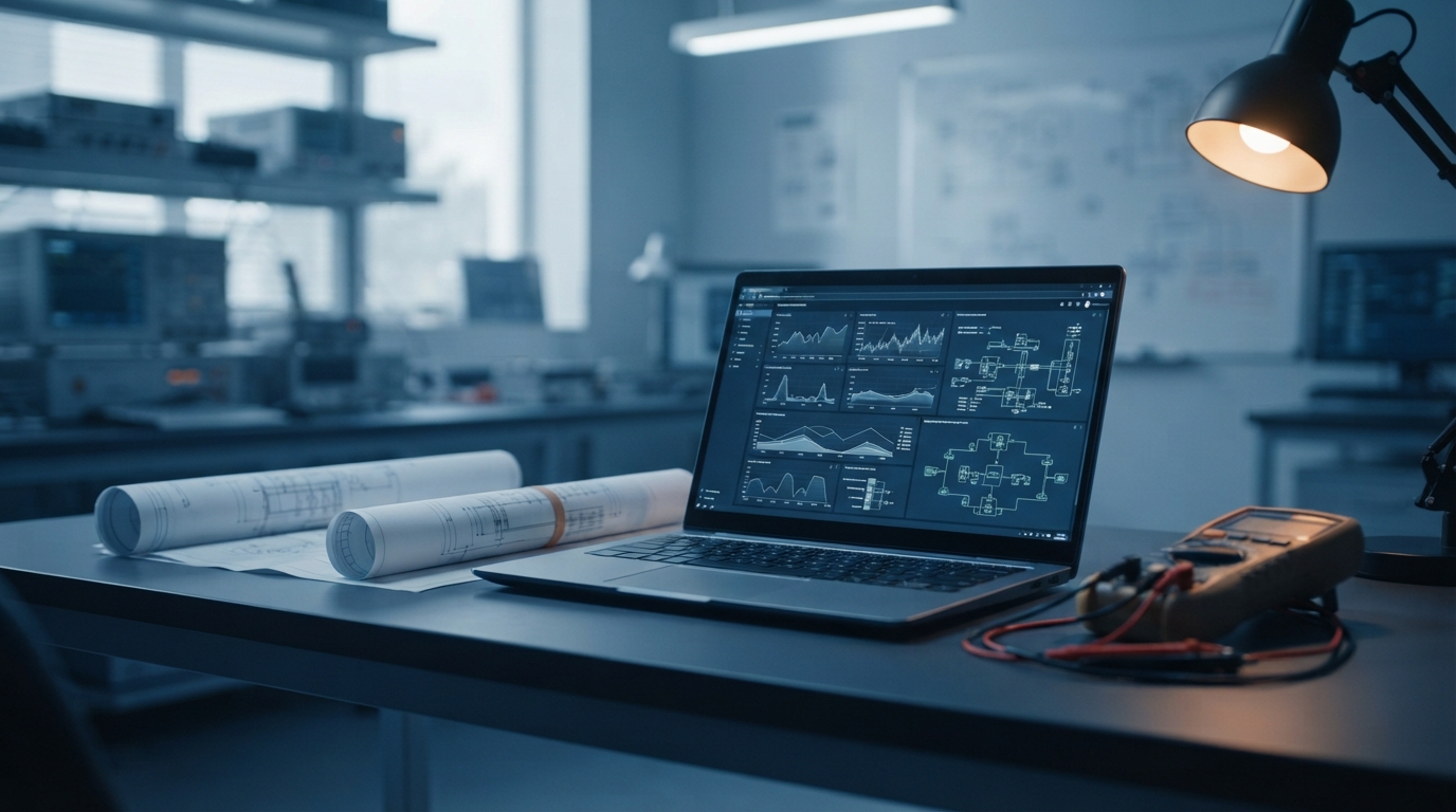 Engineering workspace with monitoring equipment