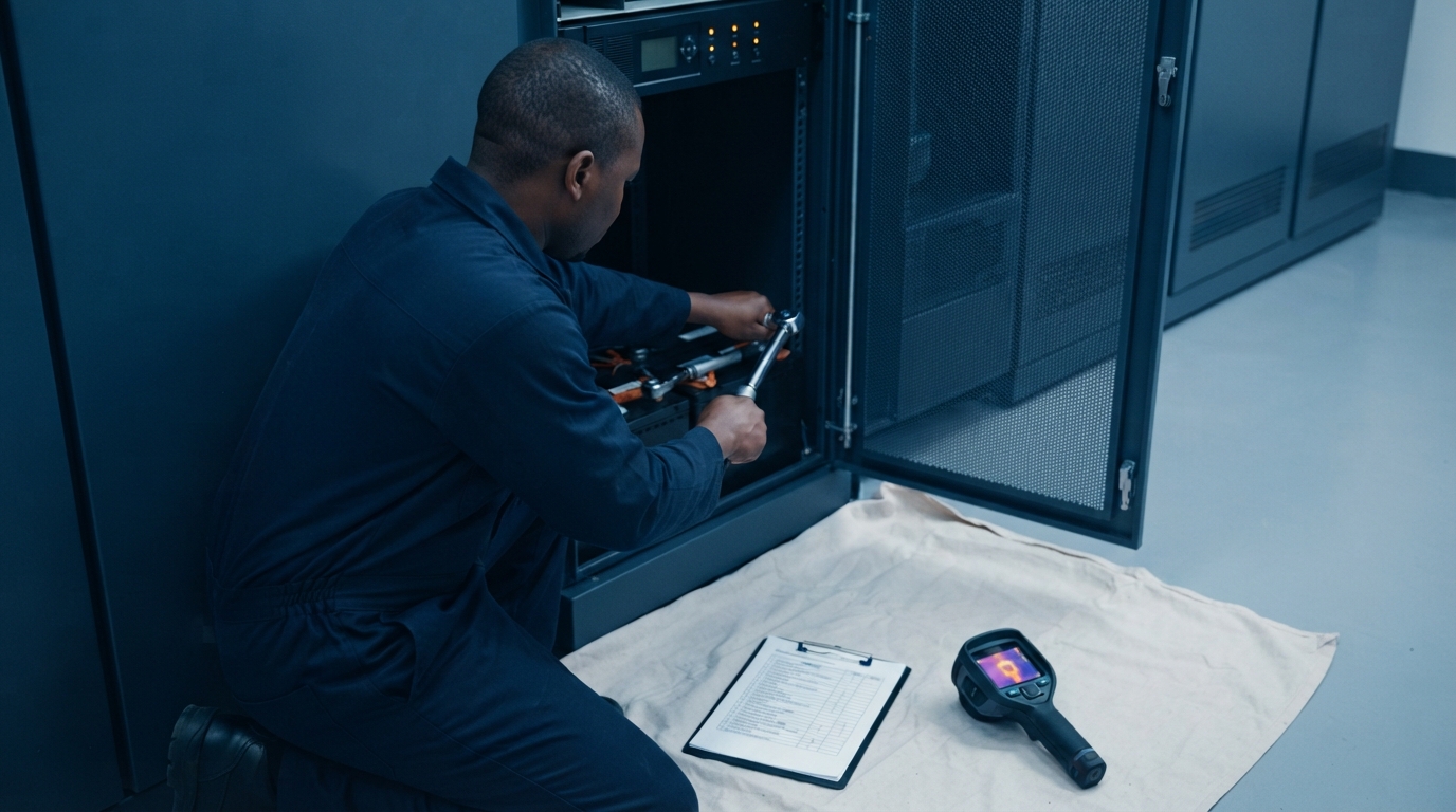 Technicians performing planned UPS maintenance