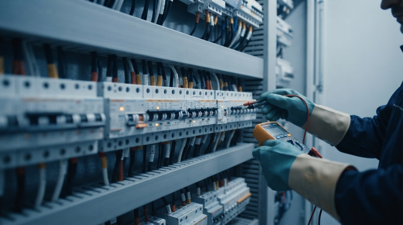 Technician testing a labelled low-voltage switchboard