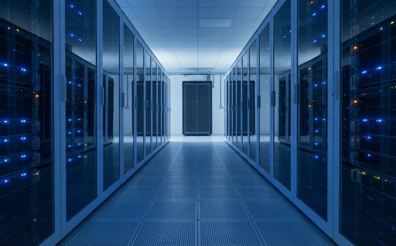 Cold aisle of a modern data centre with precision cooling