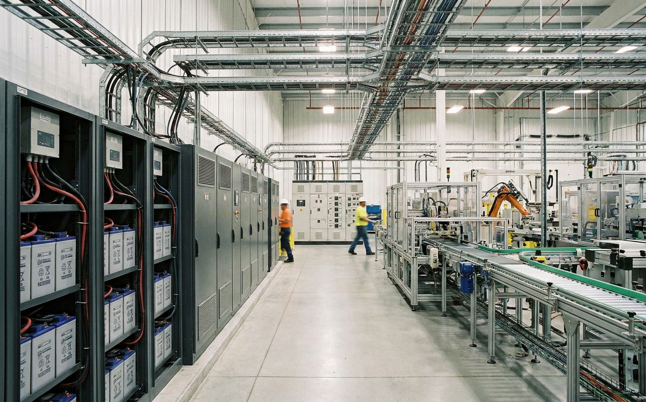 Industrial UPS bank serving a continuous-run manufacturing plant